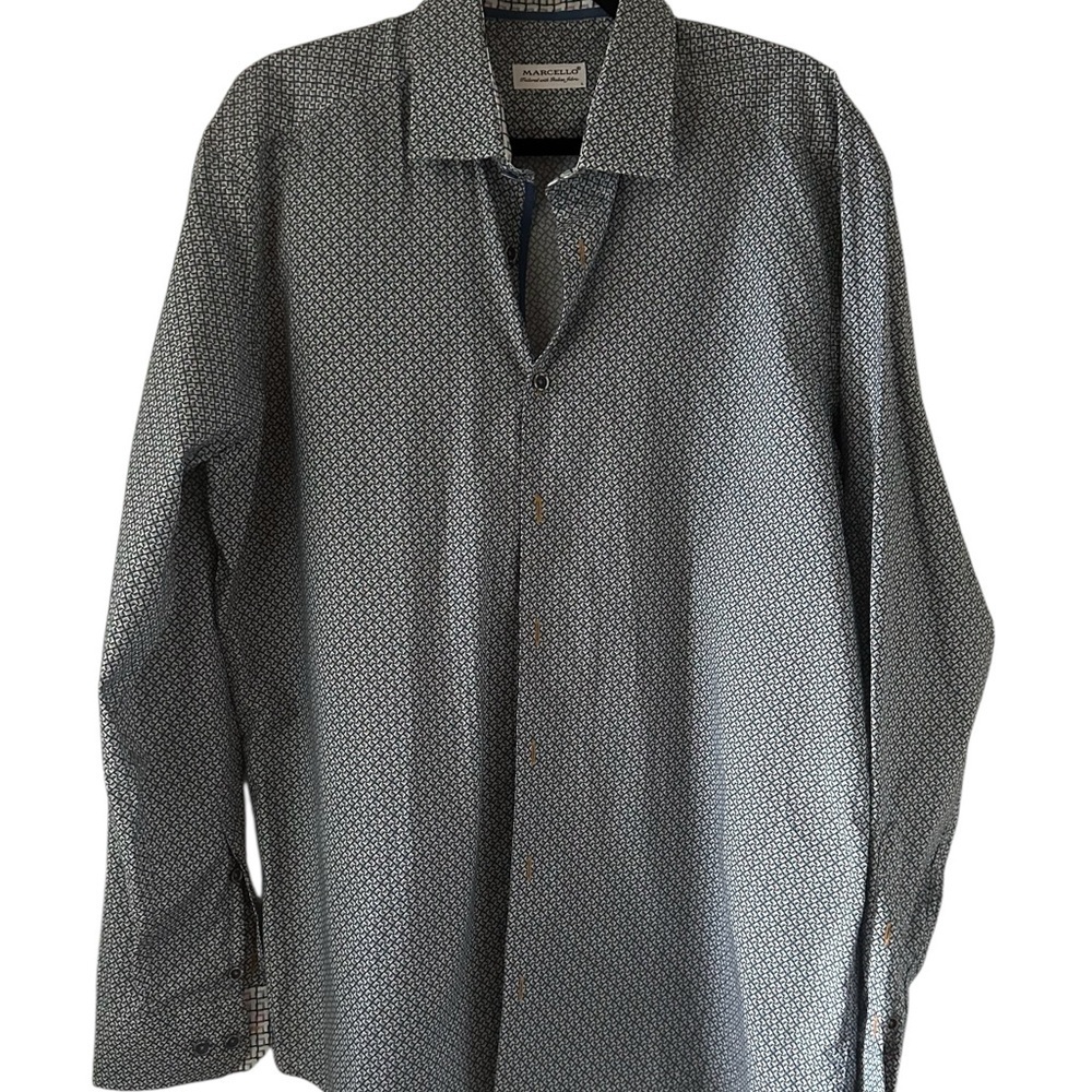 Marcello Tailored With Italian Fabric Blue &White Geometric Men's Shirt Size L
